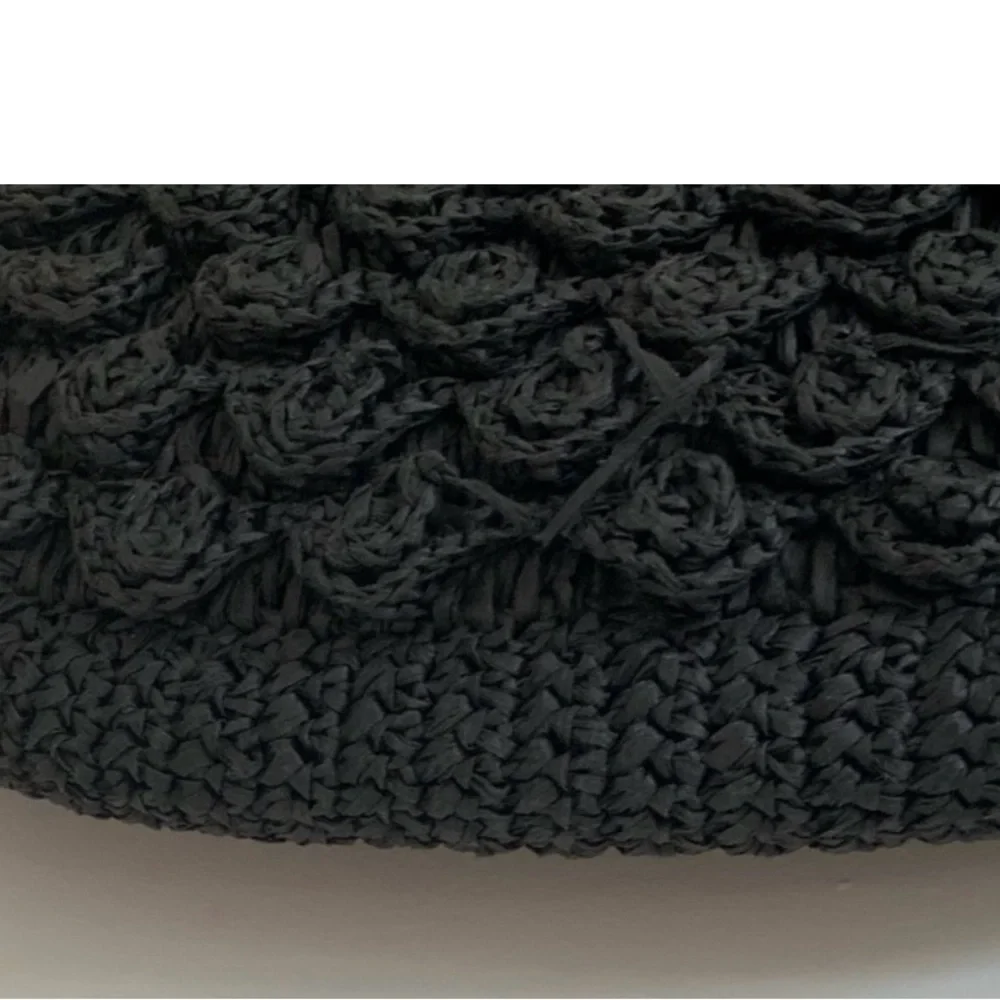 J Crew Black Woven Straw Bag Dual round wooden handles Large Bag Fully Lined